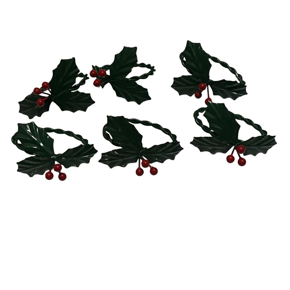 Holiday Holly and Berry Metal Napkin Rings Set of 6